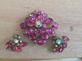 Vintage Rhinestone Dome Brooch Crystal Fuchsia Pink Red Garnet Layered Earrings