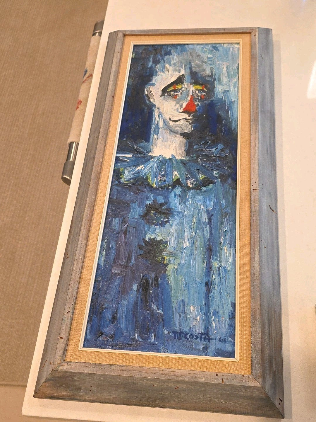1961 T. S. COSTA Signed Circus Clown Oil Painting 13x28 Framed Artwork Art