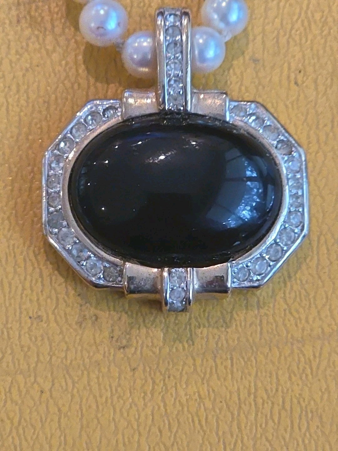 VTG PANETTA BLACK CABOCHON & RHINESTONE ENHANCER + MARVELLA FAUX PEARL NECKLACE