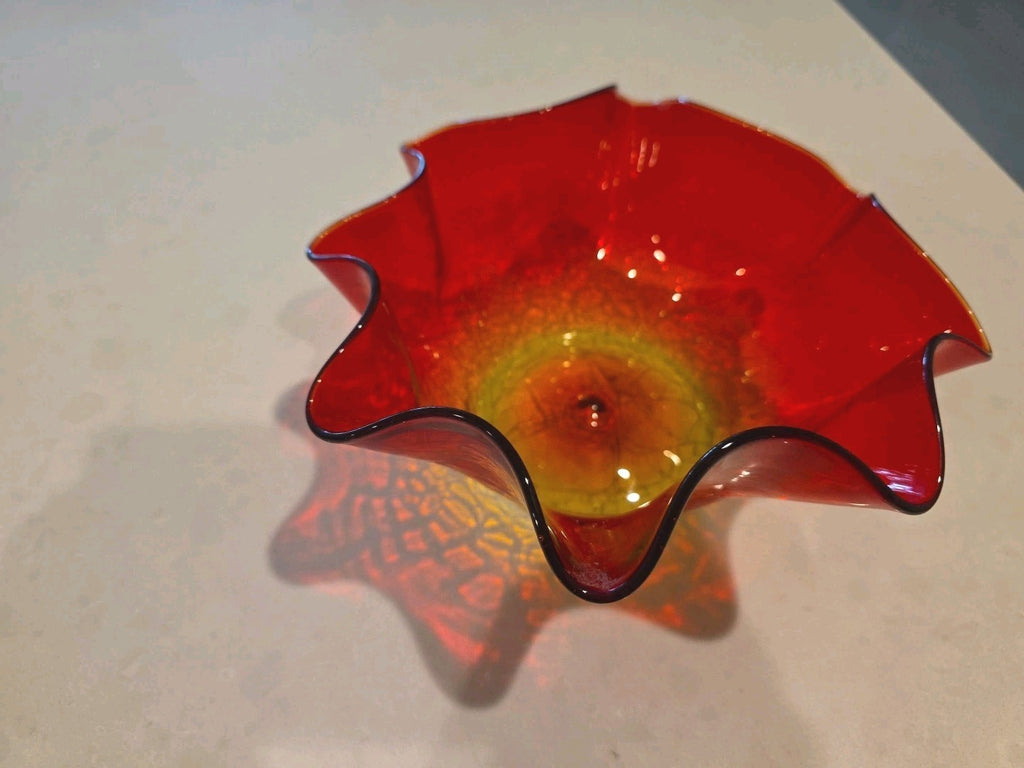 Vintage Blenko 3744 Tangerine Crackle Glass Bowl Hand Blown 9” Wayne Husted