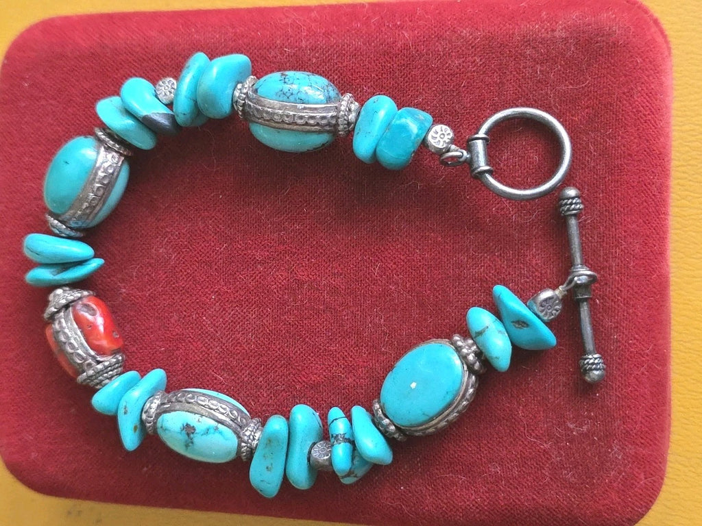 Southwestern Native American Turquoise, Red Coral & Bead Toggle 8" Bracelet