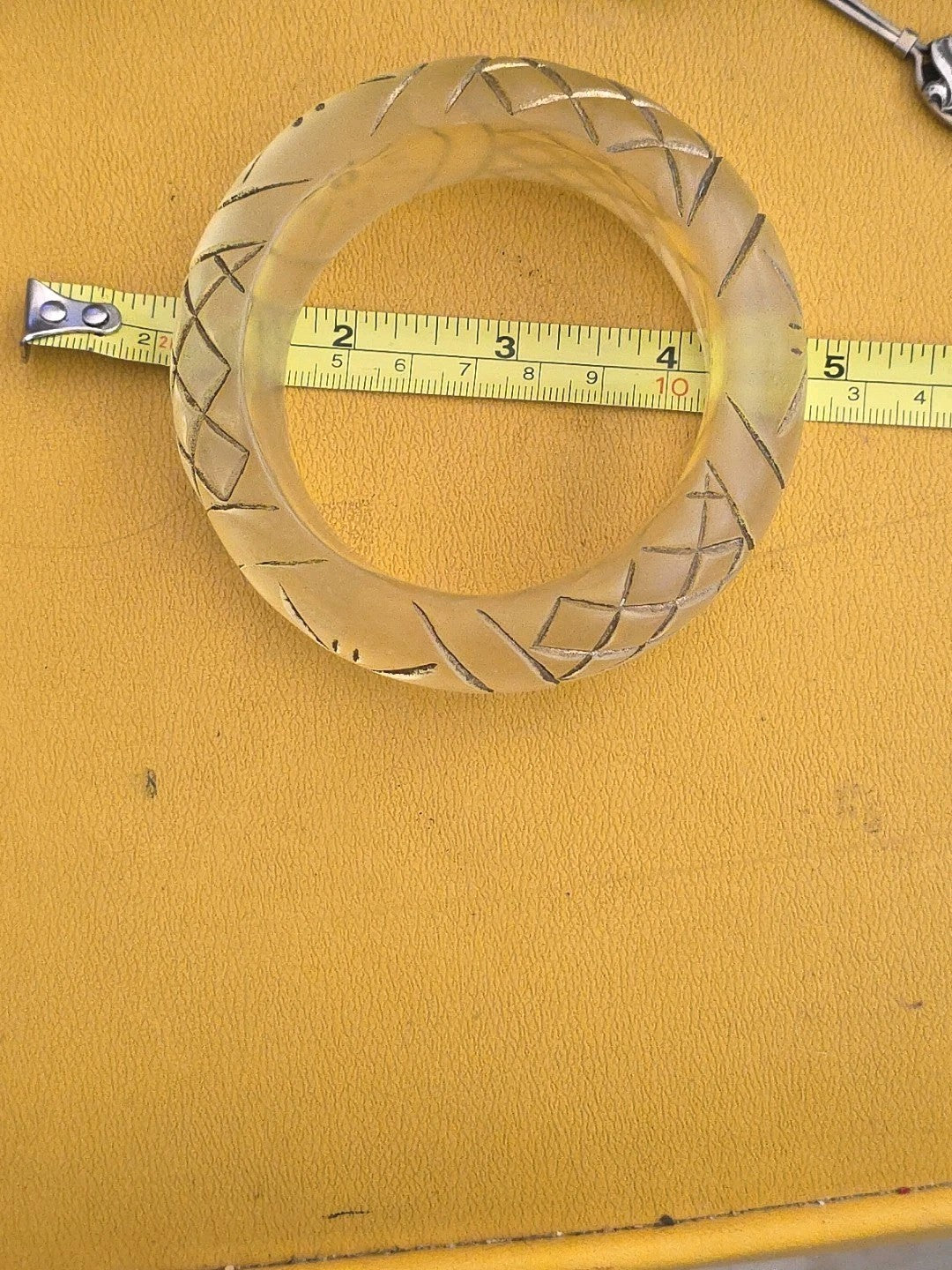 Vintage Chunky Bangle Bracelet Lucite Off-White Incised Carved