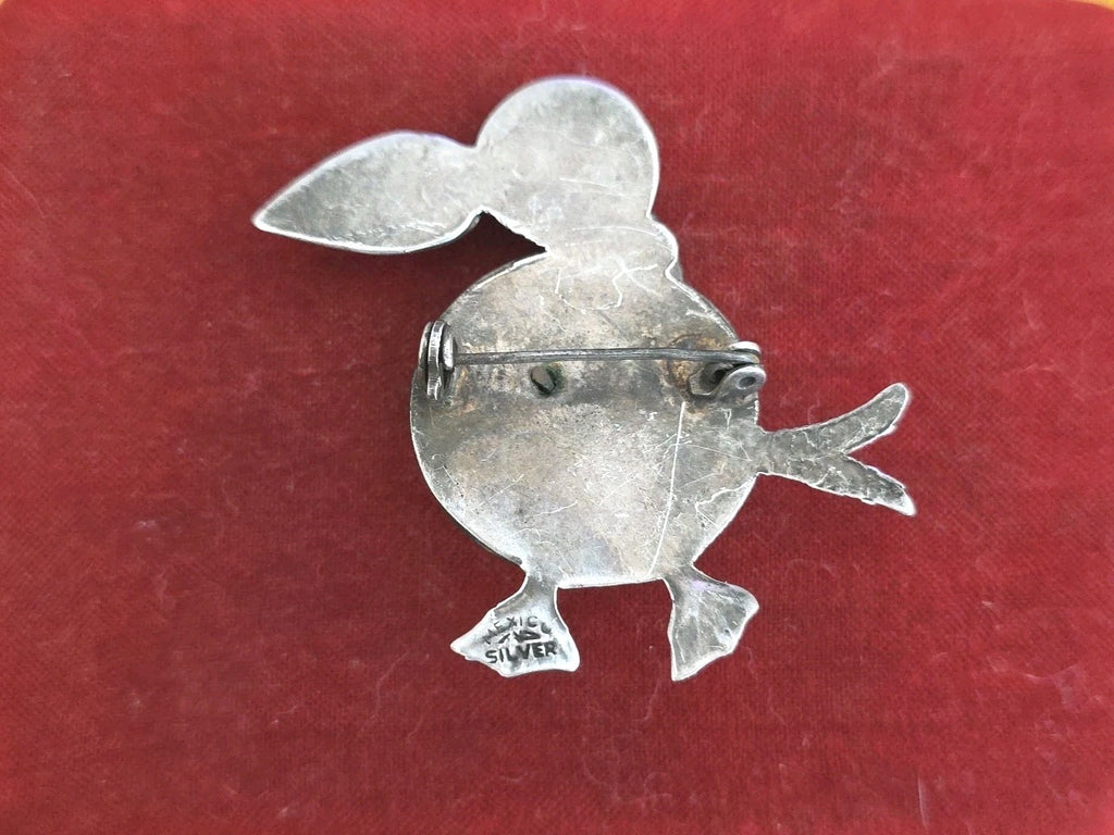 Vintage Mexican Handmade TUCAN Bird Jade Etched 925 Sterling Silver Brooch