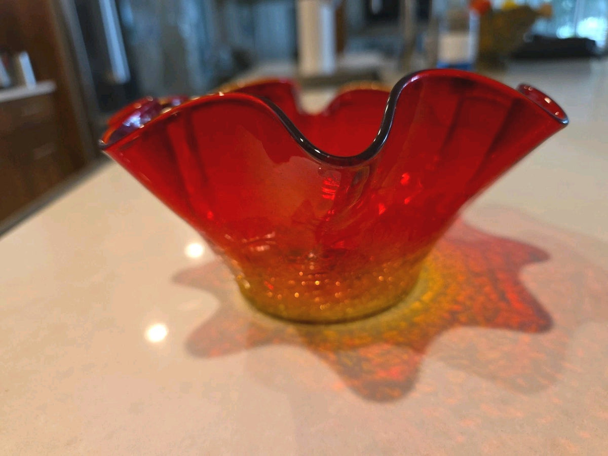 Vintage Blenko 3744 Tangerine Crackle Glass Bowl Hand Blown 9” Wayne Husted