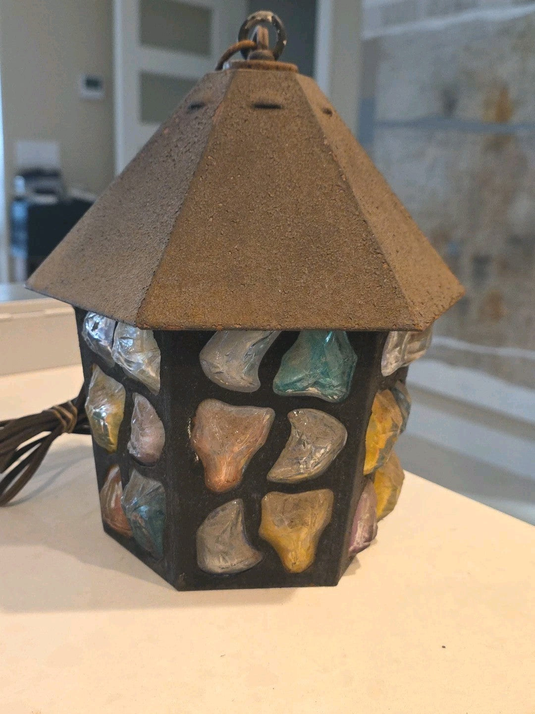 1950 Peter Marsh MultiColored Leaded Chunky Rock Glass Hanging Swag Lantern