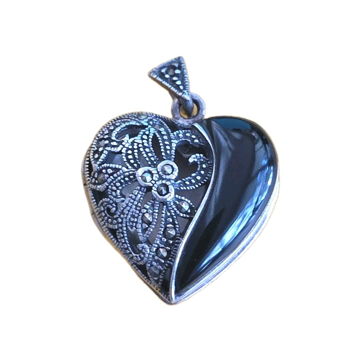 Vintage FAS Sterling Silver Black Onyx & Marcasite Gem Heart Locket Pendant