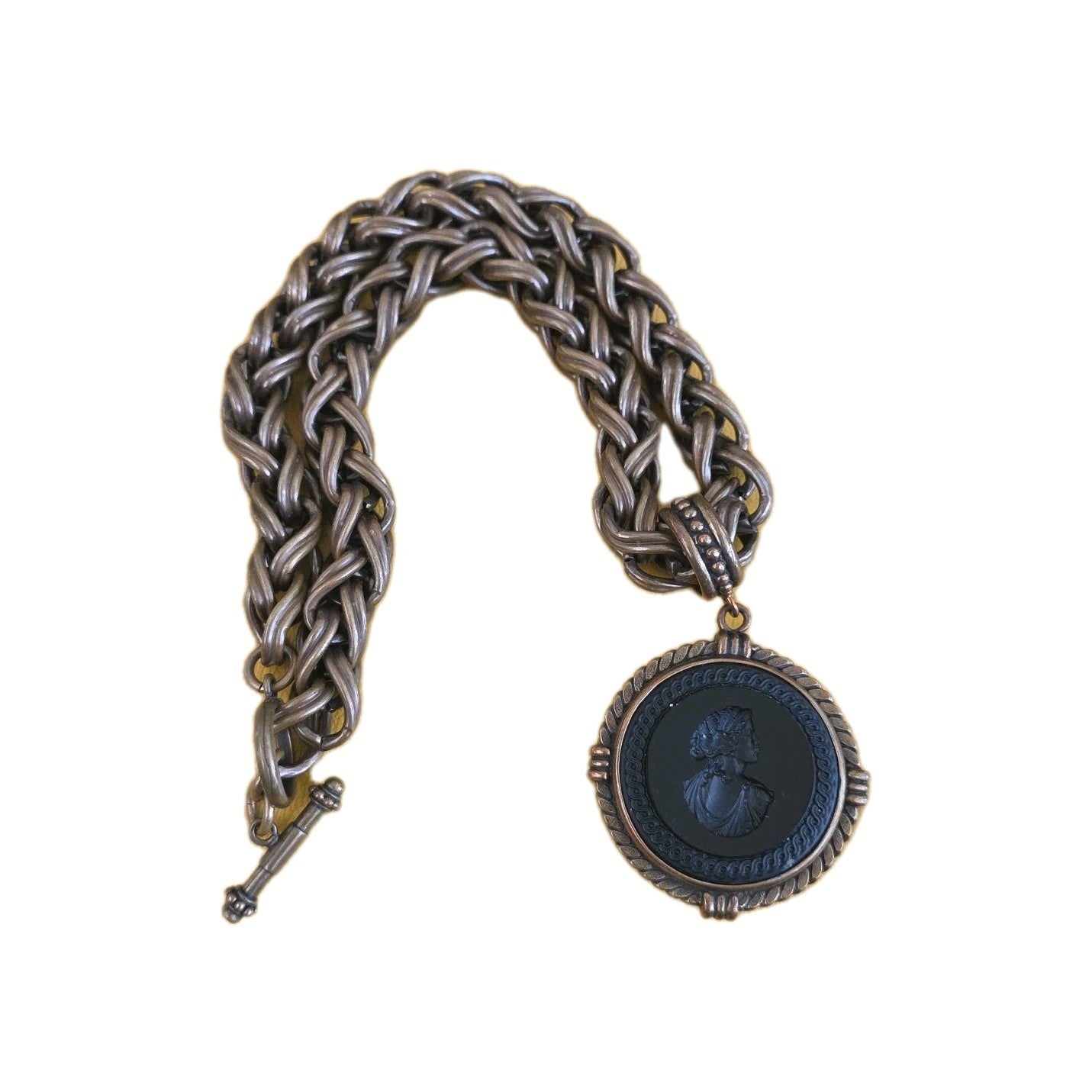 EXTASIA Thick Bronze Rope Chain & Intaglio Jet Glass Cameo Necklace