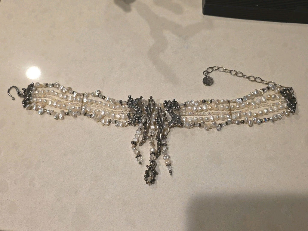 Vtg Sterling Mummy Necklace Choker MARY & DOUG HANCOCK Signed Freshwater Pearl