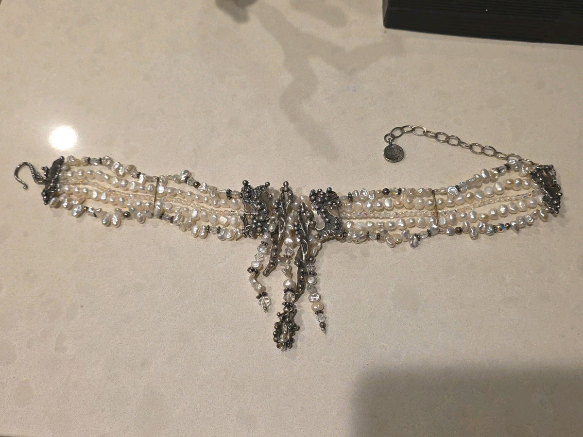 Vtg Sterling Mummy Necklace Choker MARY & DOUG HANCOCK Signed Freshwater Pearl