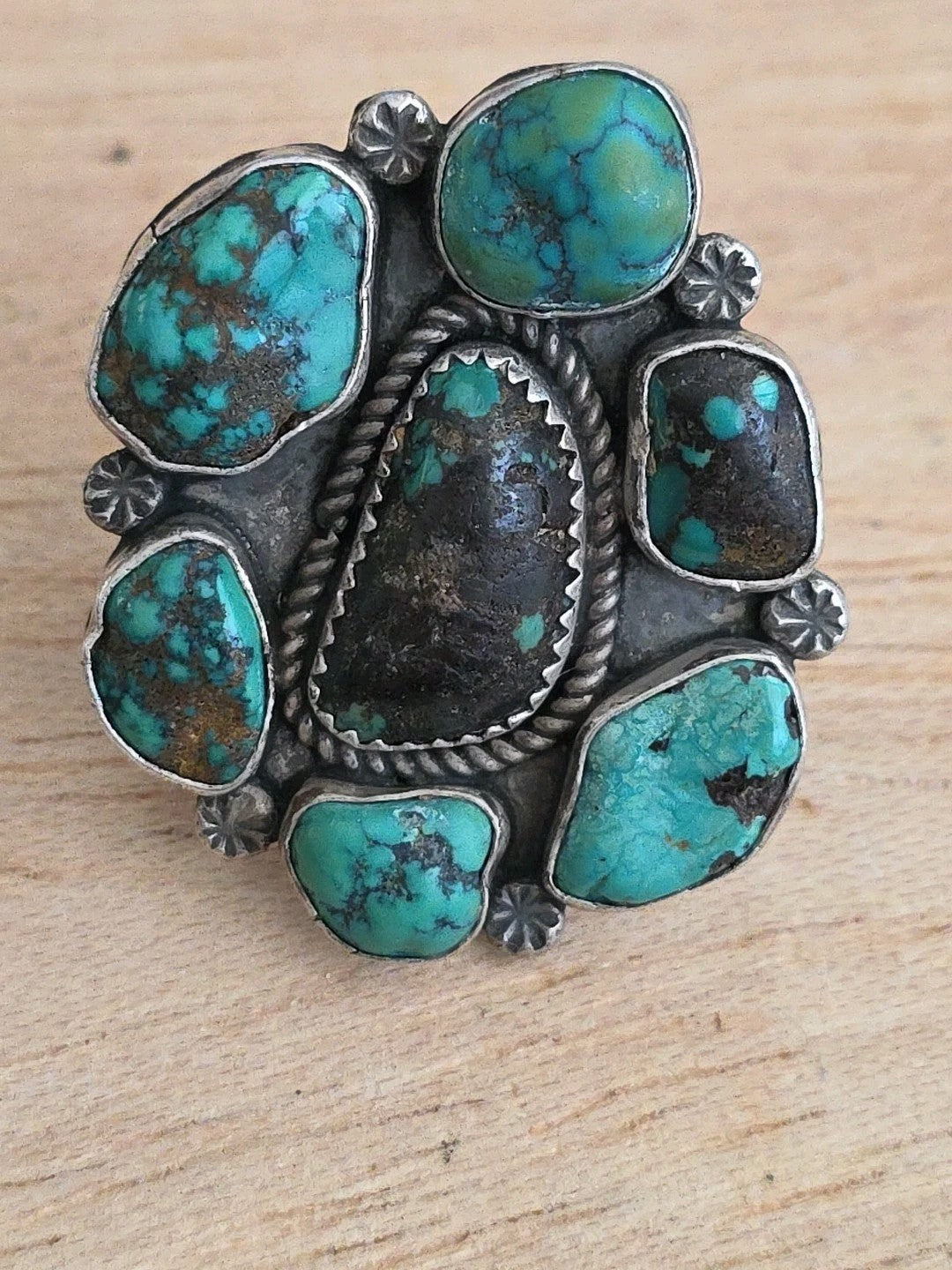Huge Navajo Ring 925 Silver Natural Turquoise 7 Stone