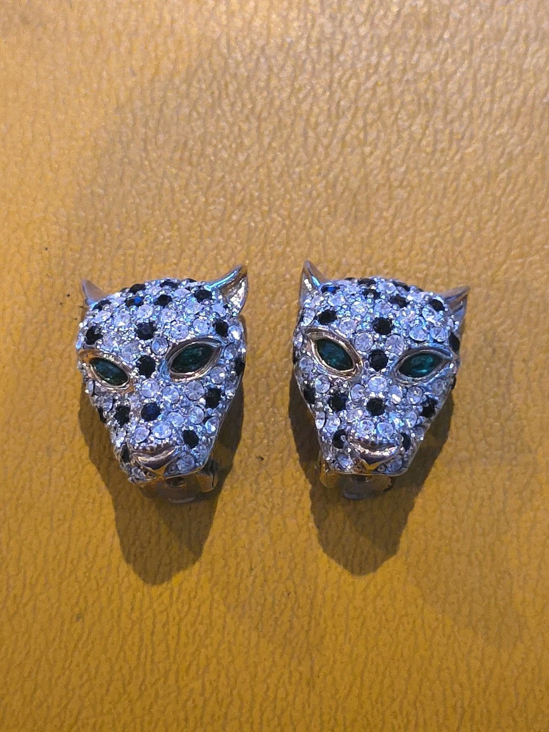 Designer Style Panther Head Pave Rhinestone Earrings Green Rhinestone Eyes