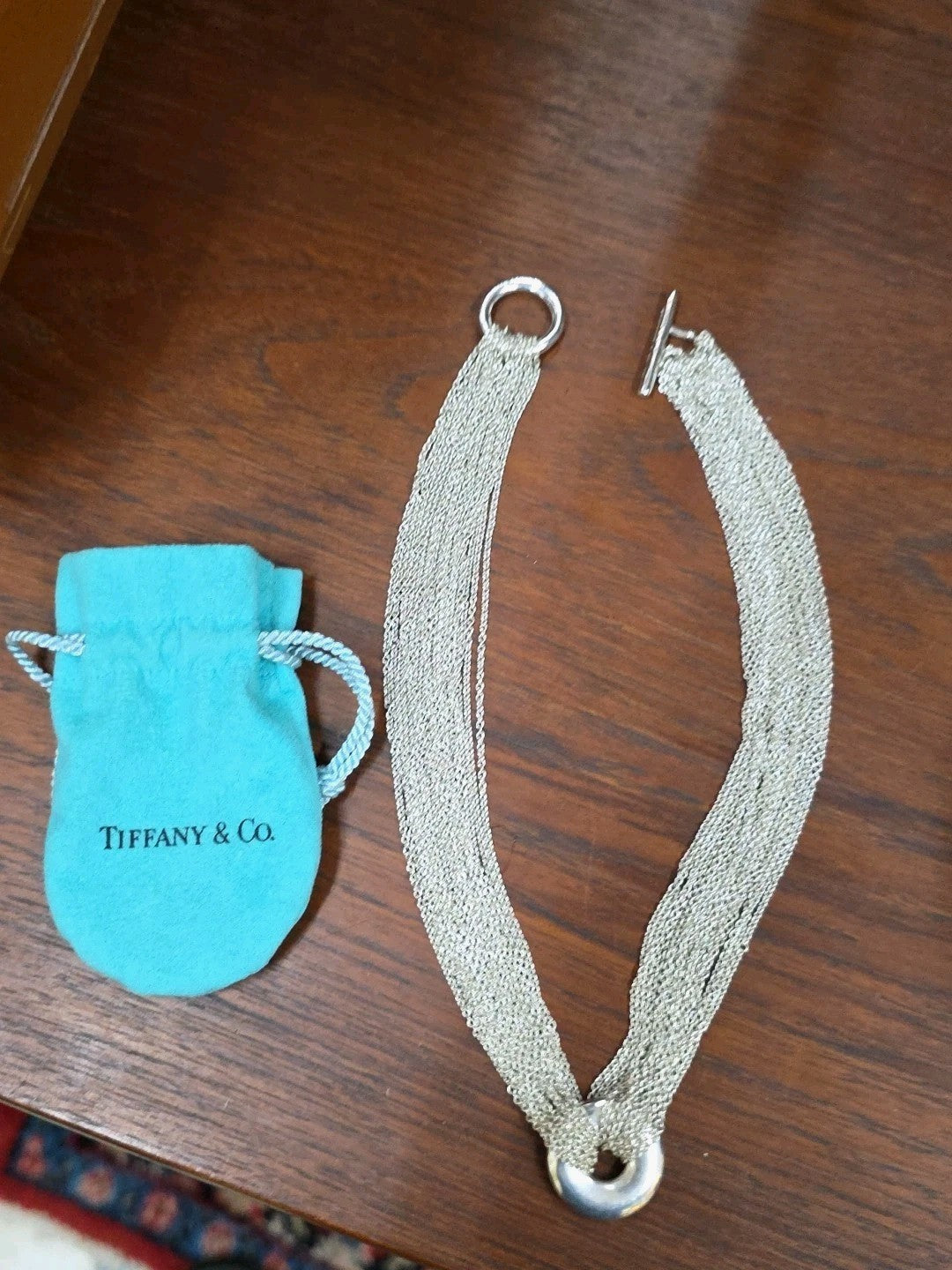 Tiffany & Co Sterling Silver Multi Strand Mesh Circle Round Toggle Necklace