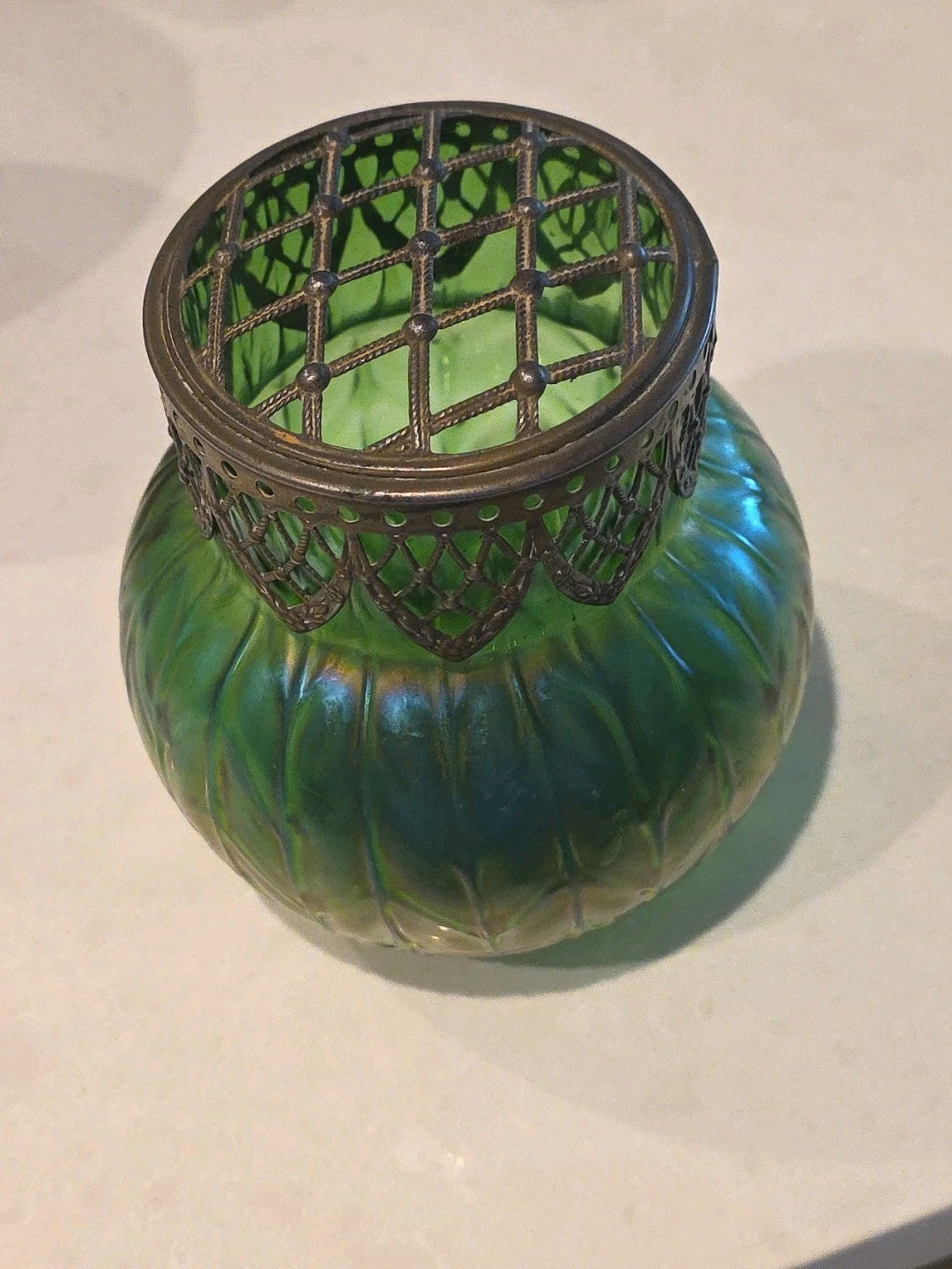 Early 20th c Loetz Style Green Iridescent Art Glass Vase w/Brass Filigree Collar