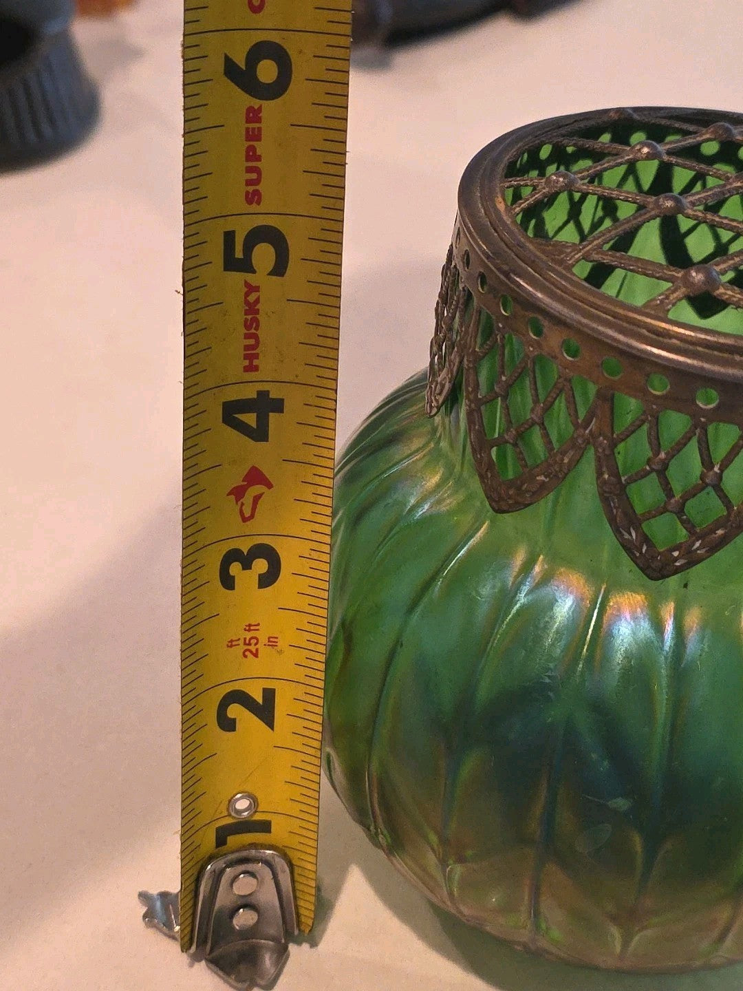 Early 20th c Loetz Style Green Iridescent Art Glass Vase w/Brass Filigree Collar
