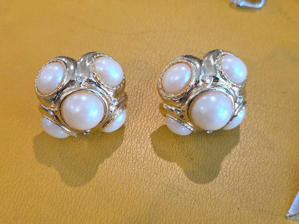1980's Gold Chunky White Faux Pearl Bead Clip On Statement Earrings