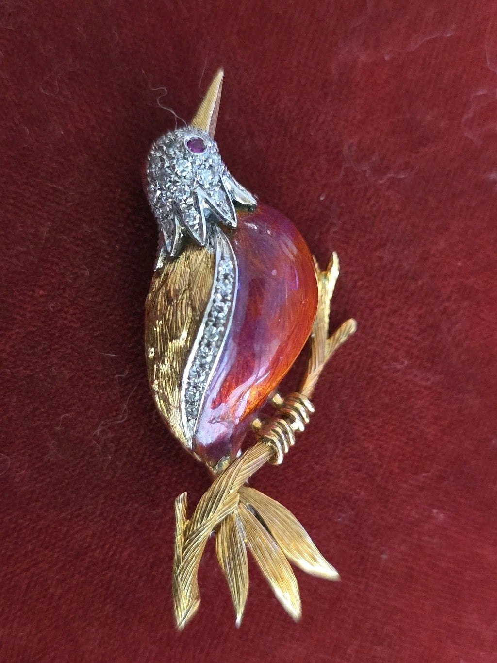 Retro Ruby Diamond Enamel 18k Yellow Gold Red Bird Brooch