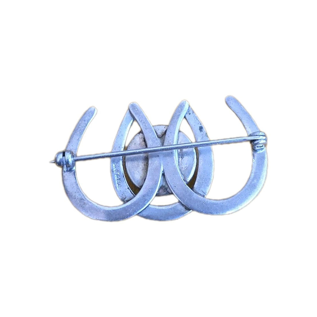 Sterling 3 Horseshoe Intaglio Reverse Painted Crystal Equestrian Pin Brooch