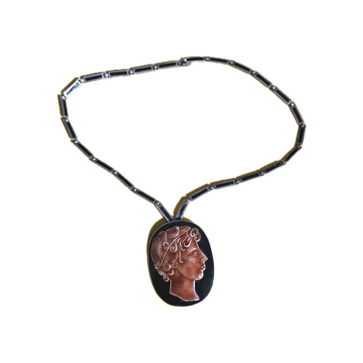 MARGOT DE TAXCO ENAMELED ROMAN PENDANT BOOCH W/DETACHABLE 22" CHAIN