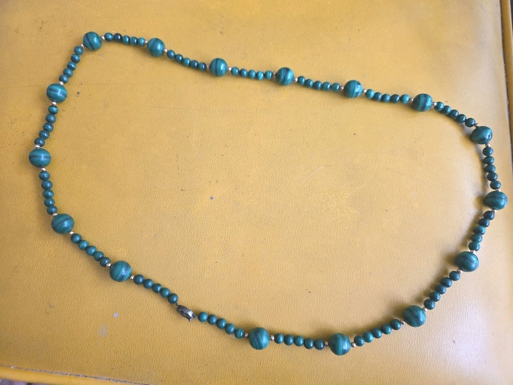 Vintage Genuine Malachite Long Strand Bead Necklace 30" Gold Beads
