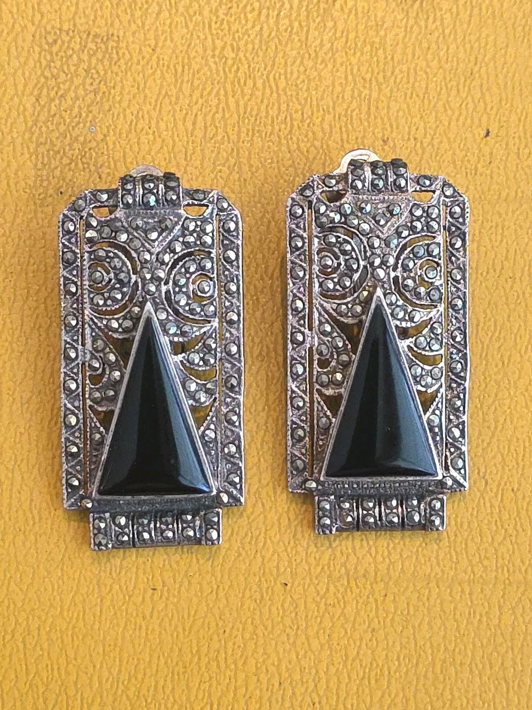 Vintage Judith Jack Art Deco Style Sterling Black Onyx Marcasite Earrings