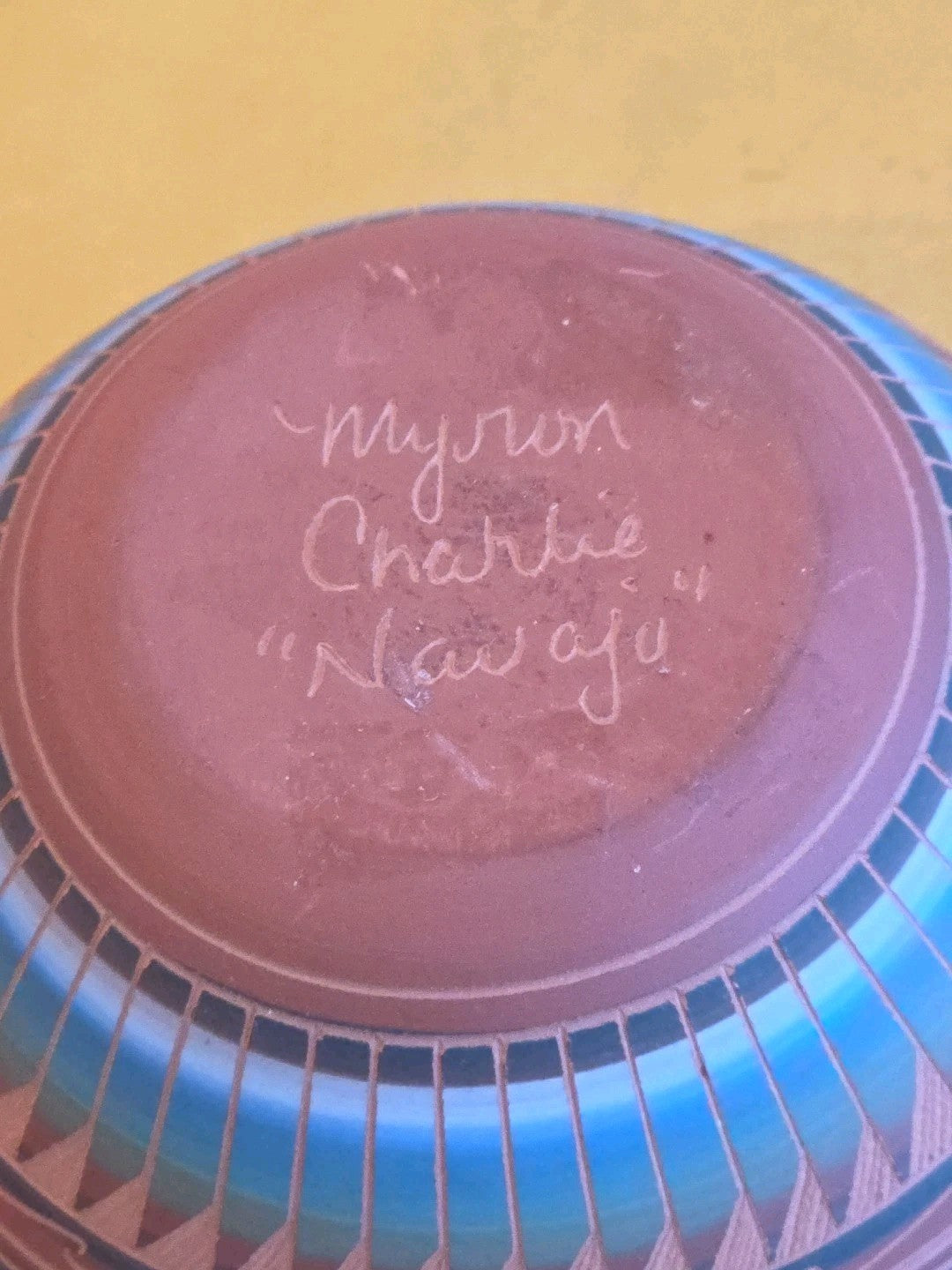 Navajo Myron Charlie Signed Etched Clay Pottery Vase Pot Bowl Native American