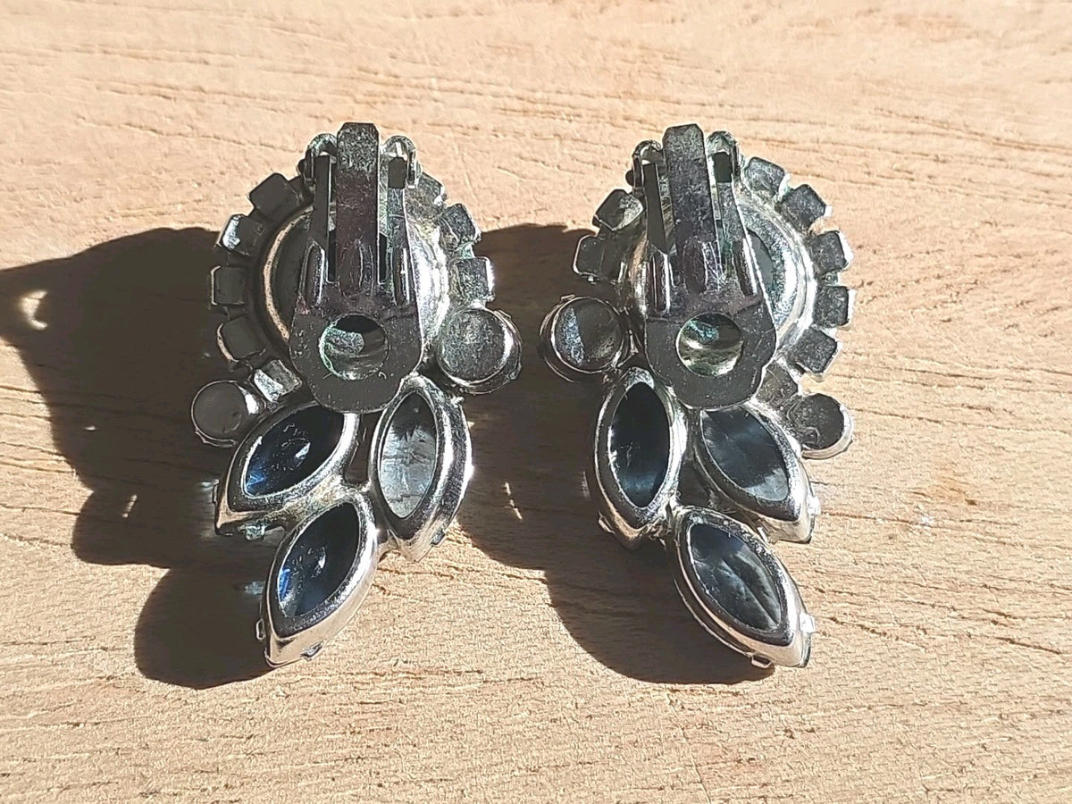 Blue Rhinestone Clip On Earrings Silver Tone Vintage