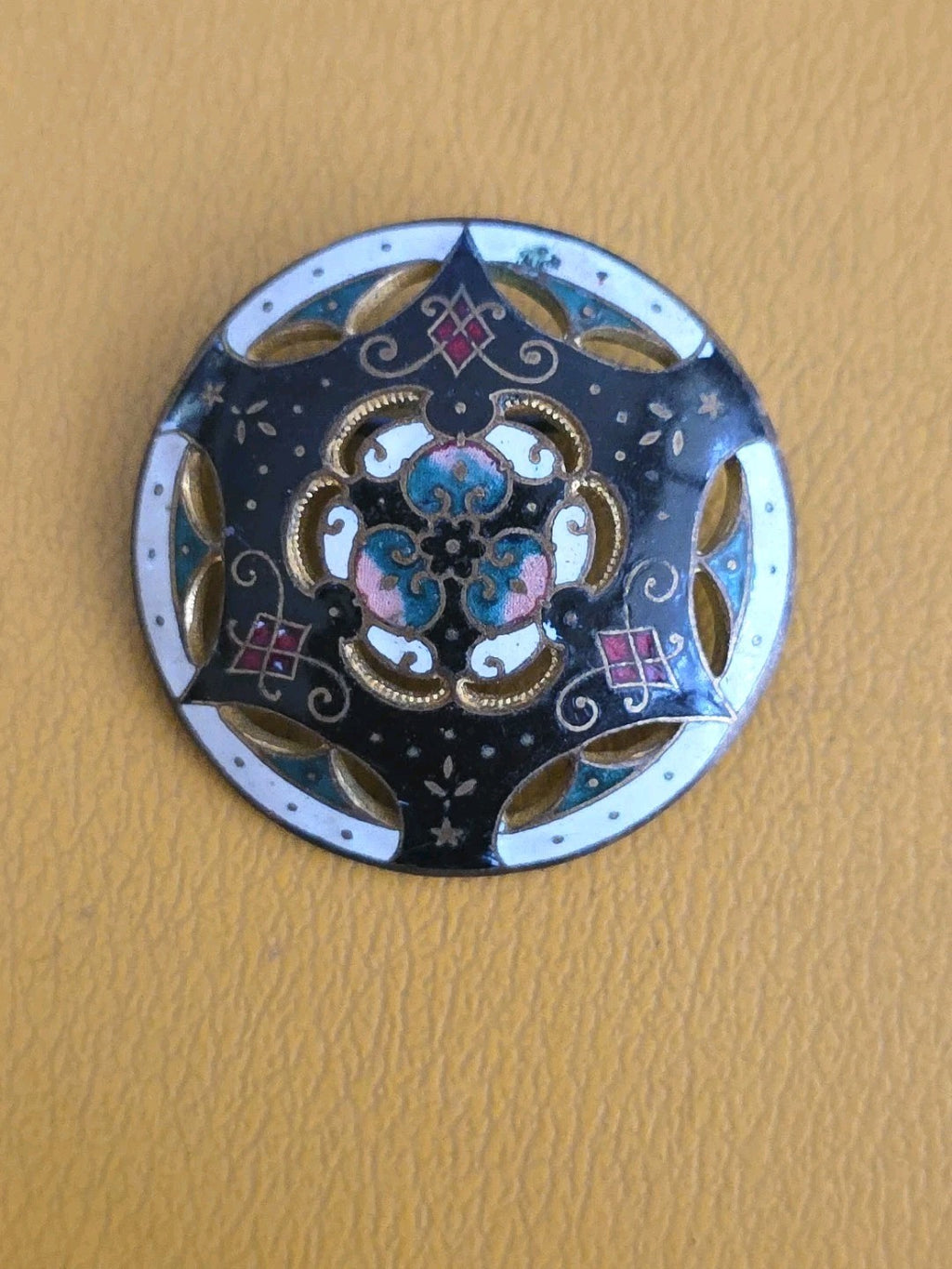 Antique Large  Gilded French Champleve Enamel Button Brooch Pin 1 3/8" Dia.