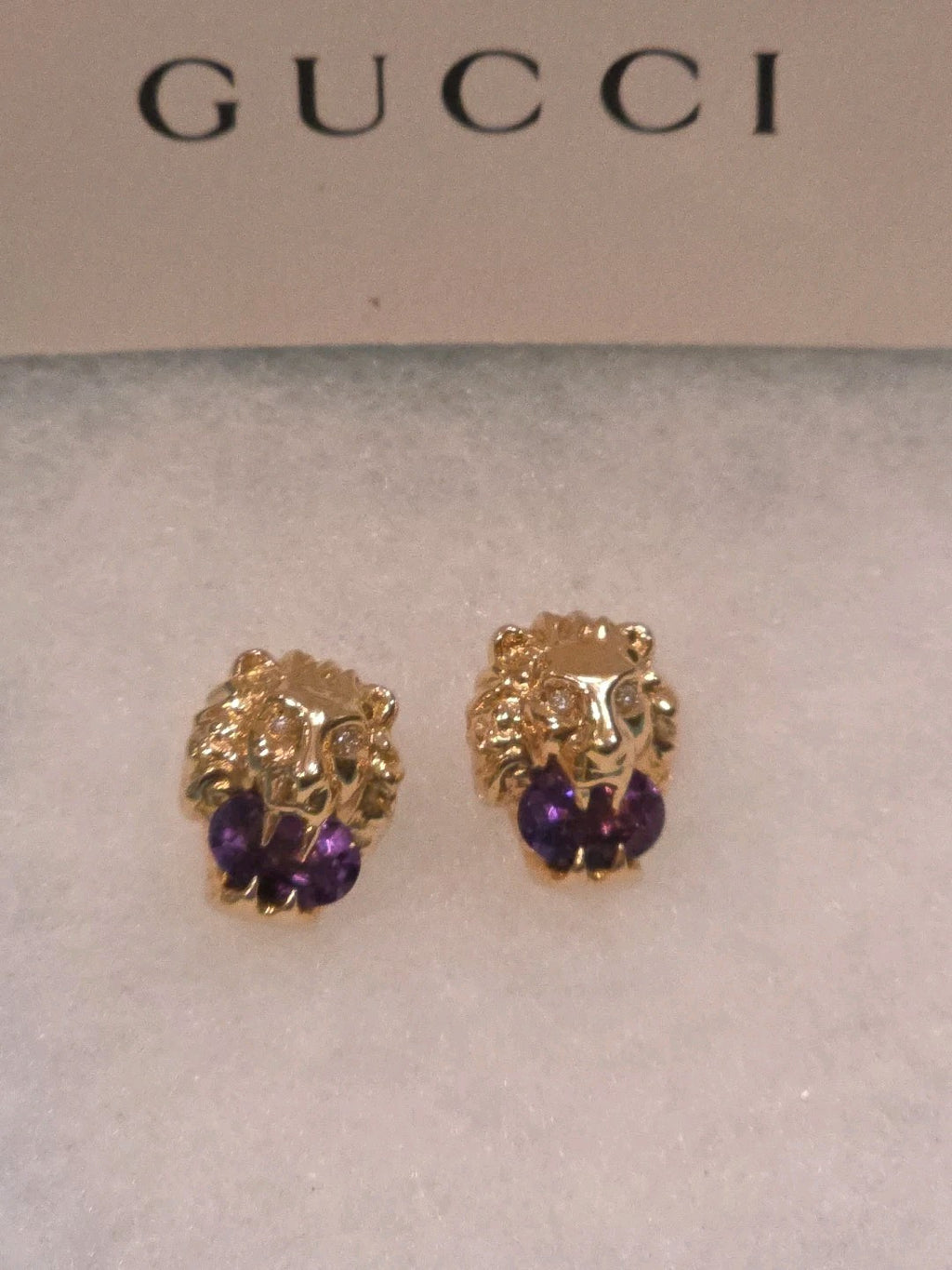 PETITE Gucci Lion Head 18K Gold, Amethyst & Diamond Earrings