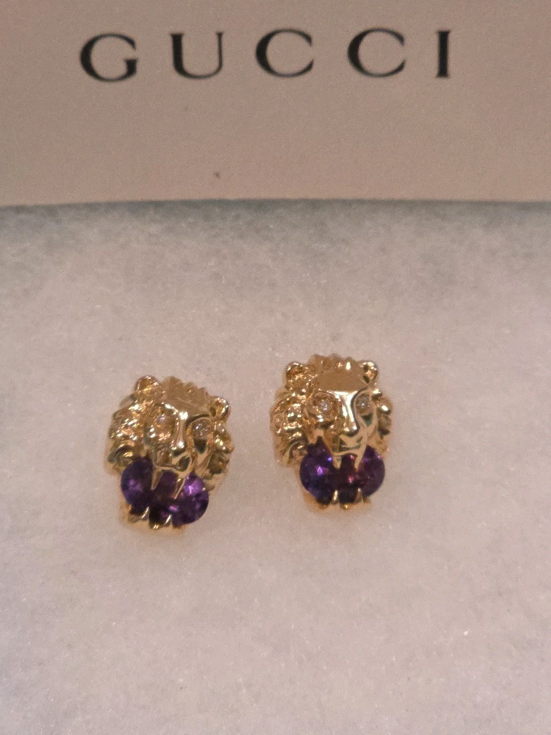 PETITE Gucci Lion Head 18K Gold, Amethyst & Diamond Earrings