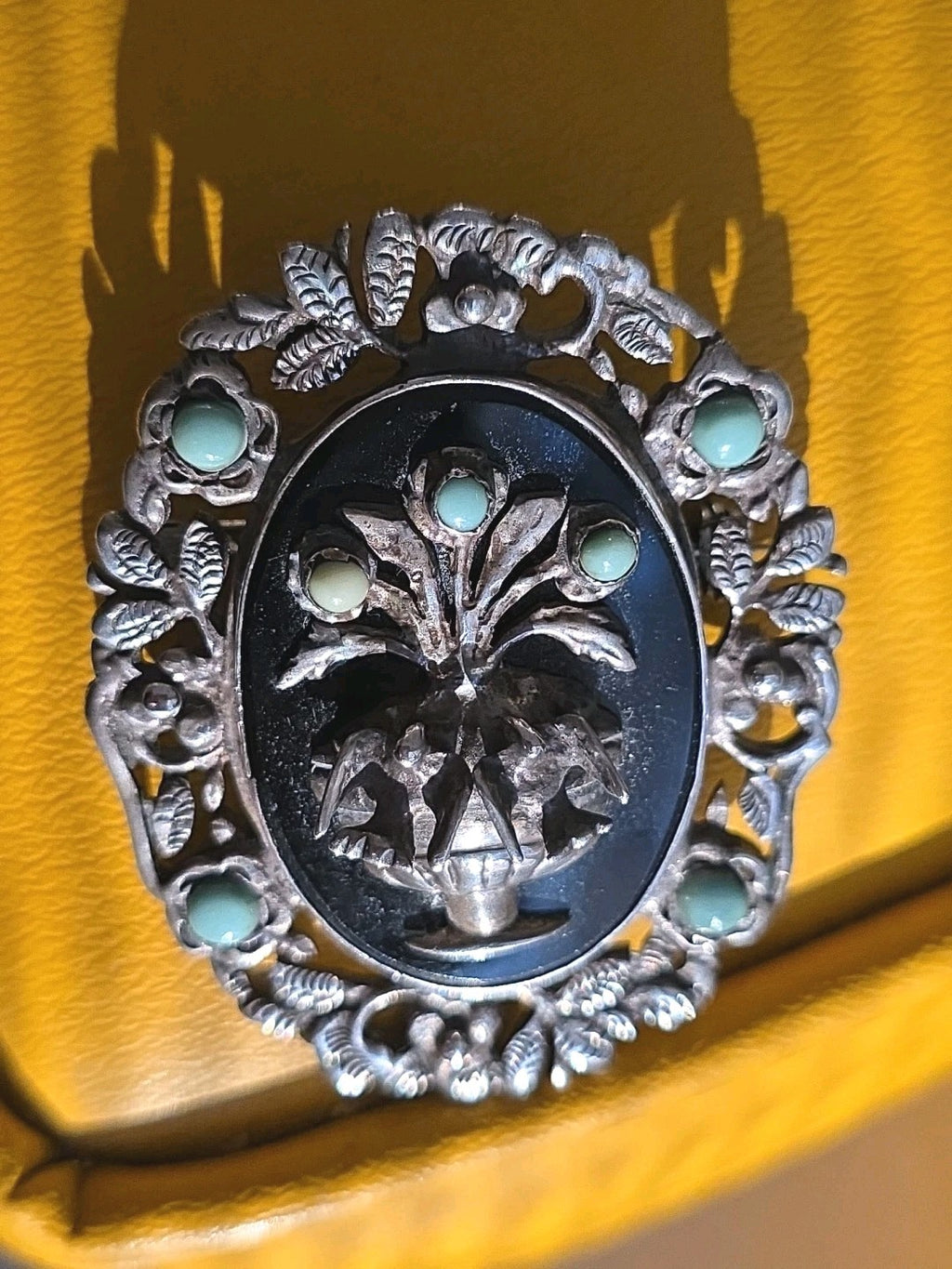 925 Sterling Silver Vintage Mexico Birds Birdbath Onyx Brooch Pin
