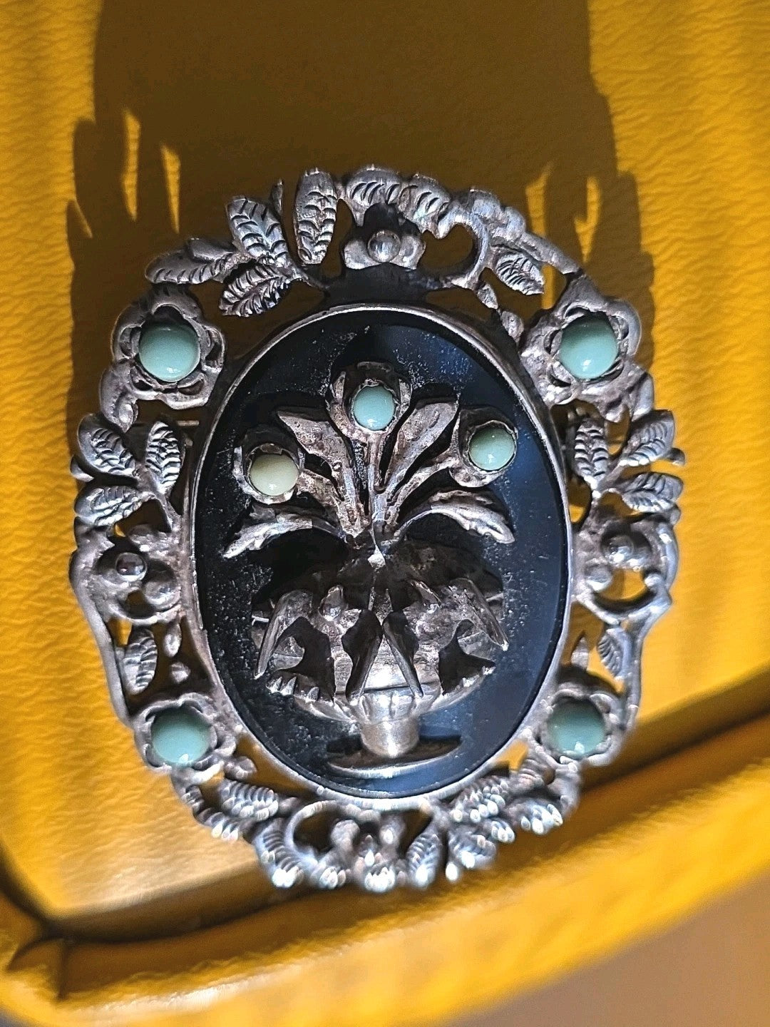 925 Sterling Silver Vintage Mexico Birds Birdbath Onyx Brooch Pin