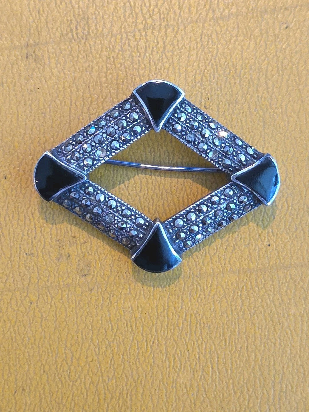 Vintage Sterling Silver Marcasite Onyx Brooch Pin Art Deco Style