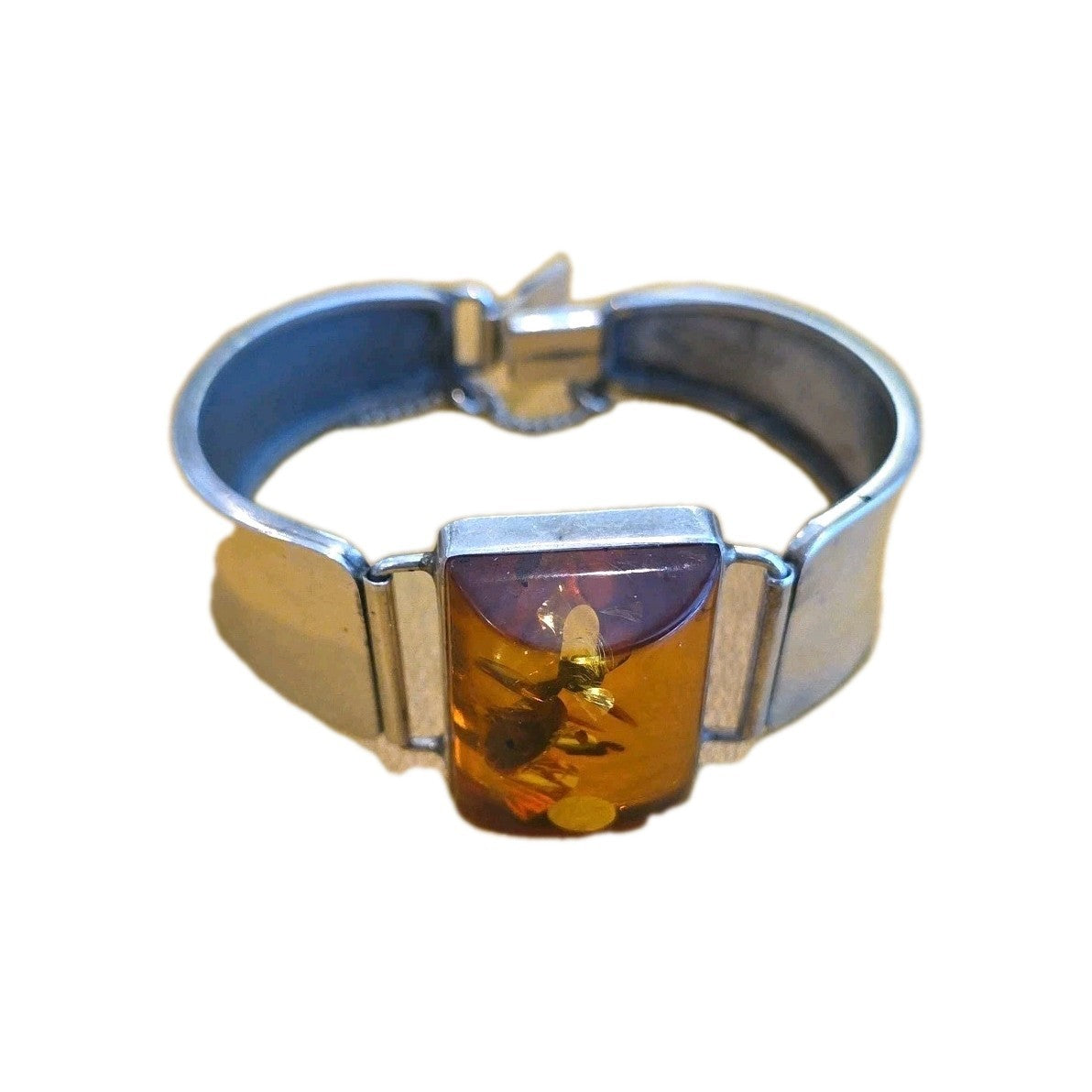 Signed LK 925 Silver Cognac Amber Cuff Bangle Bracelet