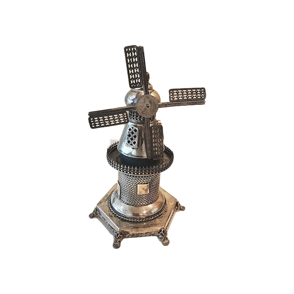 Vintage Antique Judaica Sterling Silver Spinning Blades Windmill Tower Figurine