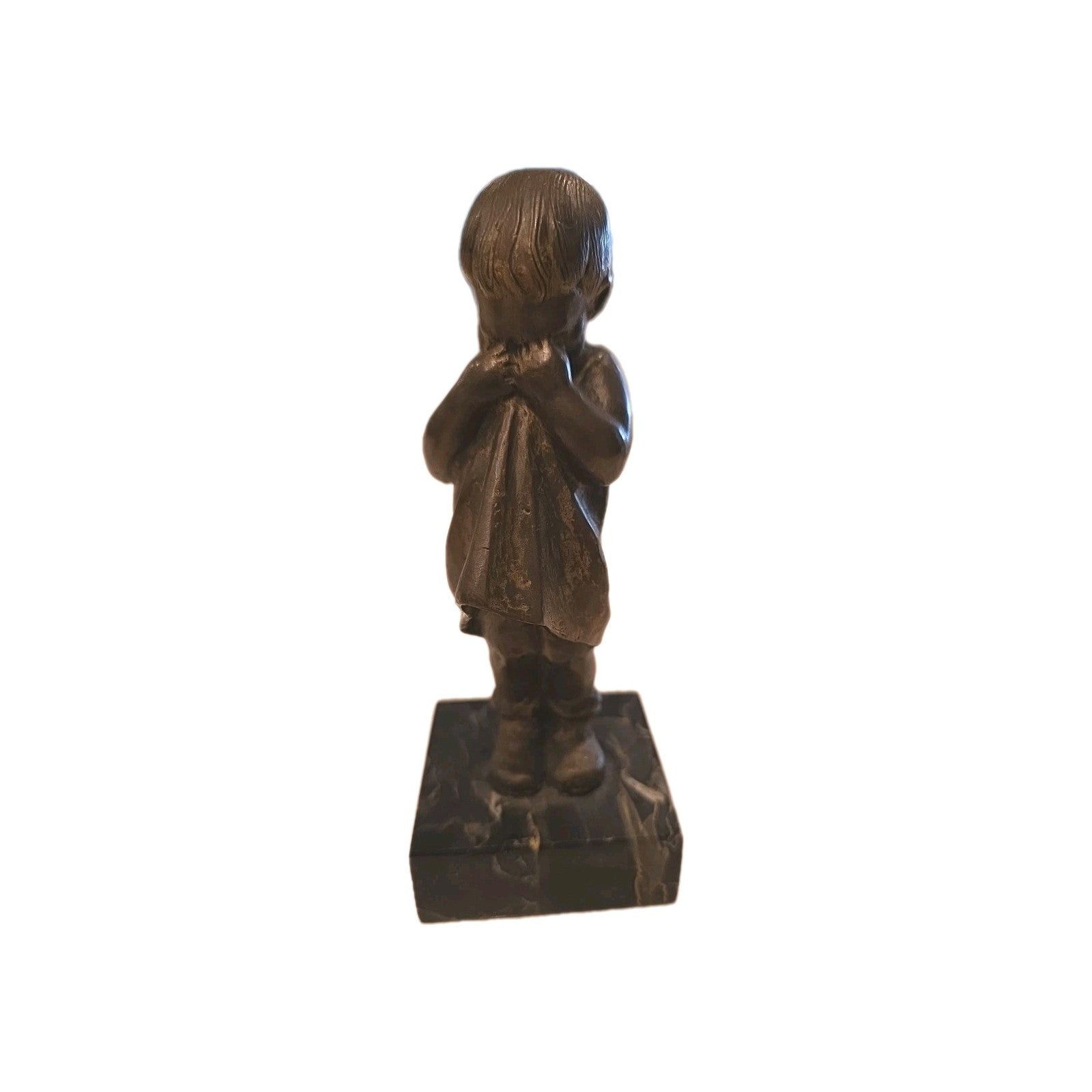 Cast Bronze Figurine Of A Boy Crying Into His Shirt On A Marble Plinth Vintage