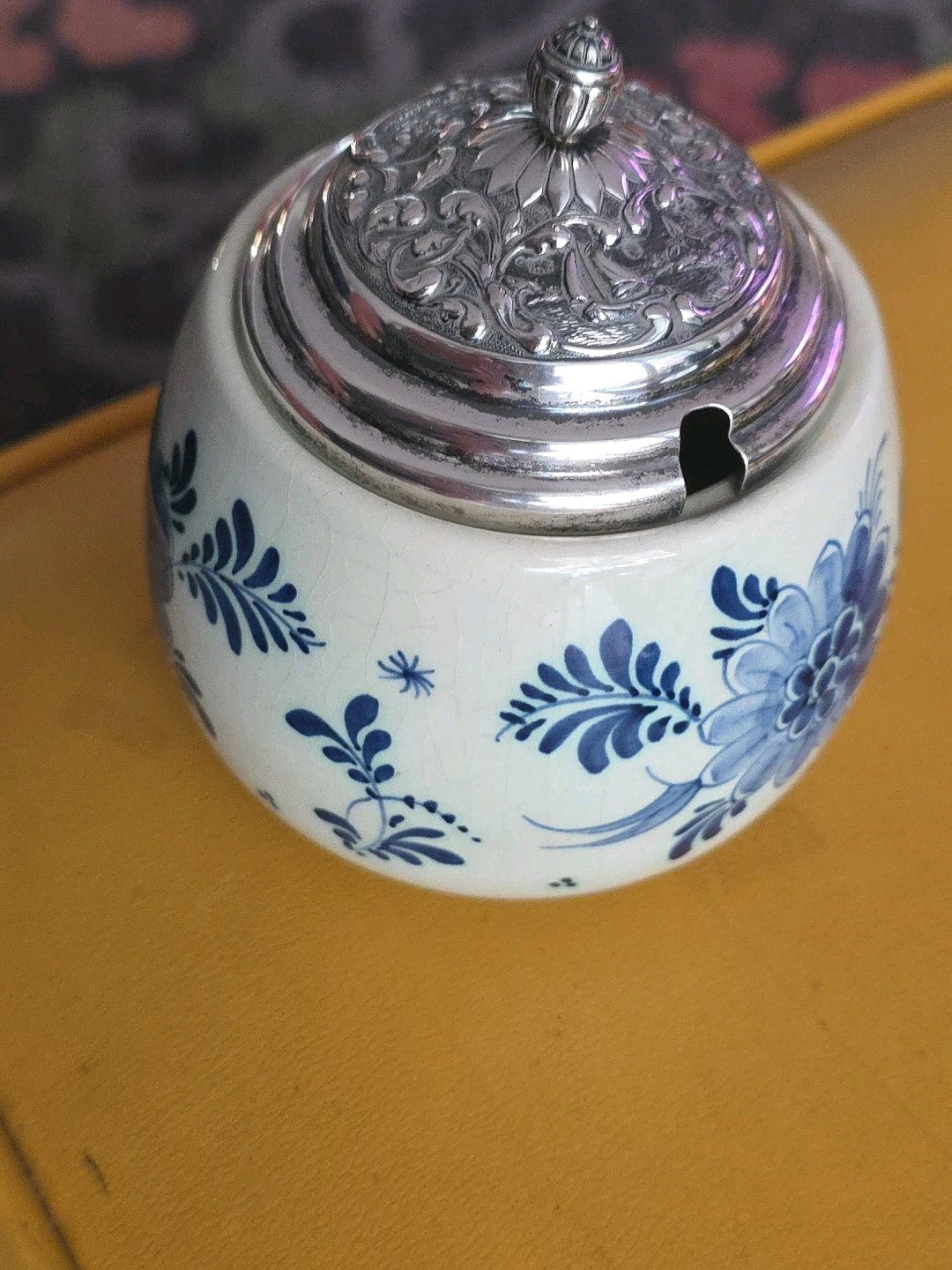 Delf Holland Handpainted Bonbonniere/ Mustard Dish With Silverplate Lid
