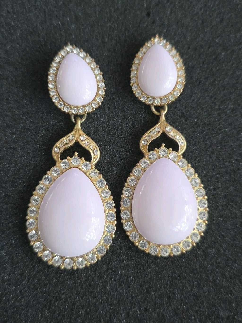 VTG LEE ANGEL Gold Tone Pink White Rhinestone Omega Back Dangle Earrings