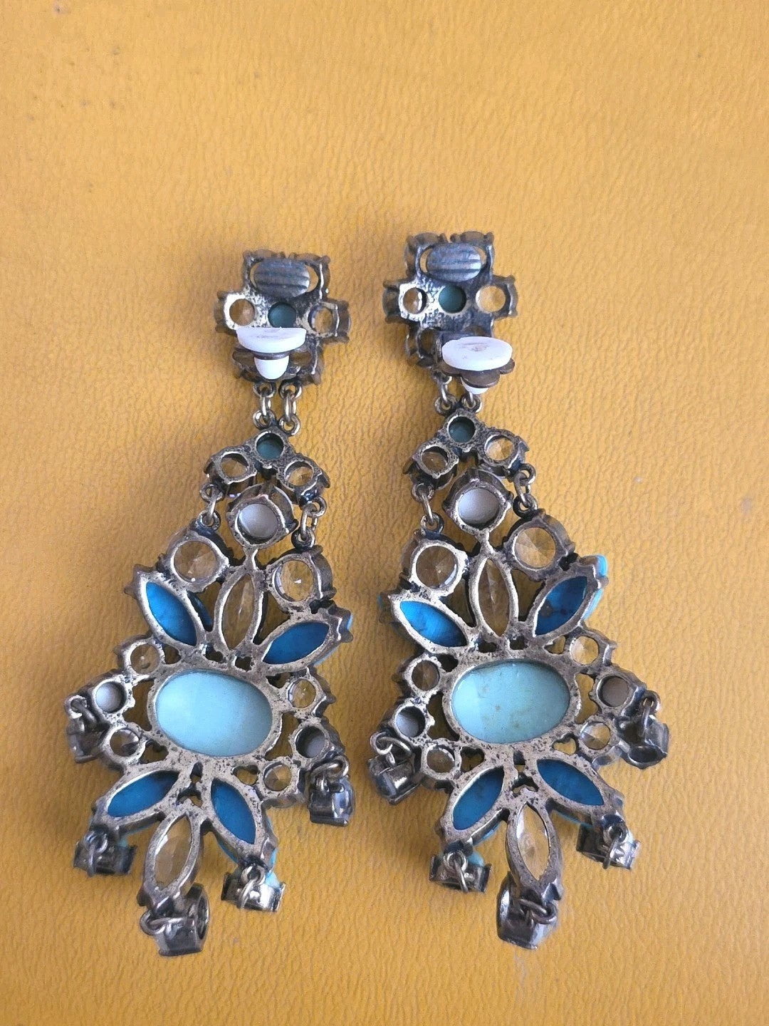 Hattie Carnegie Style Huge Turquoise Blue Cabochon Rhinestone Earrings
