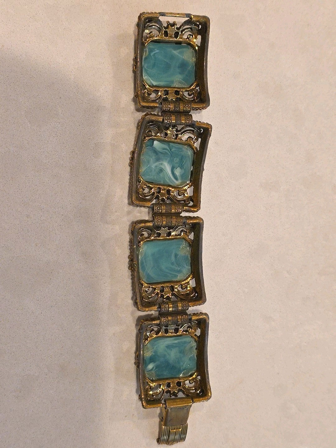 Beautiful Antique Vintage Art Nouveau Book Chain Jade Brass Amethyst Bracelet
