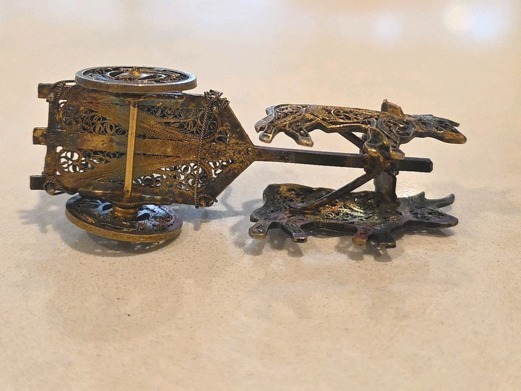 Antique Sterling & Enamel Filigree Miniature Tiny Ox Cart & Wood Barrow