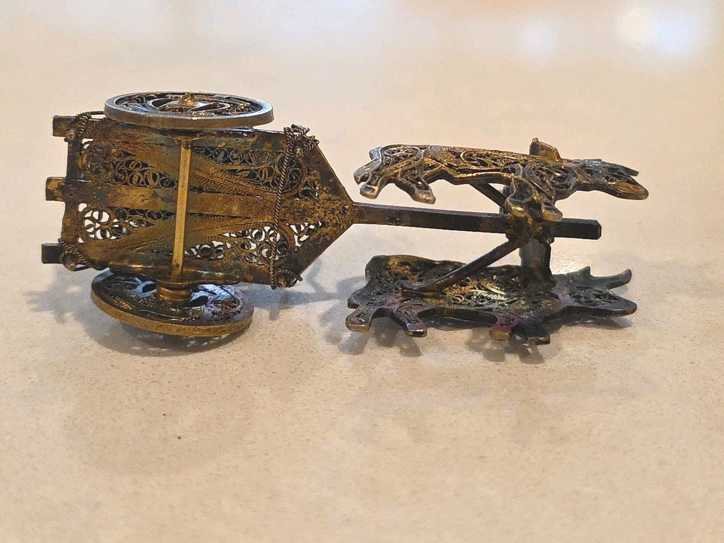 Antique Sterling & Enamel Filigree Miniature Tiny Ox Cart & Wood Barrow