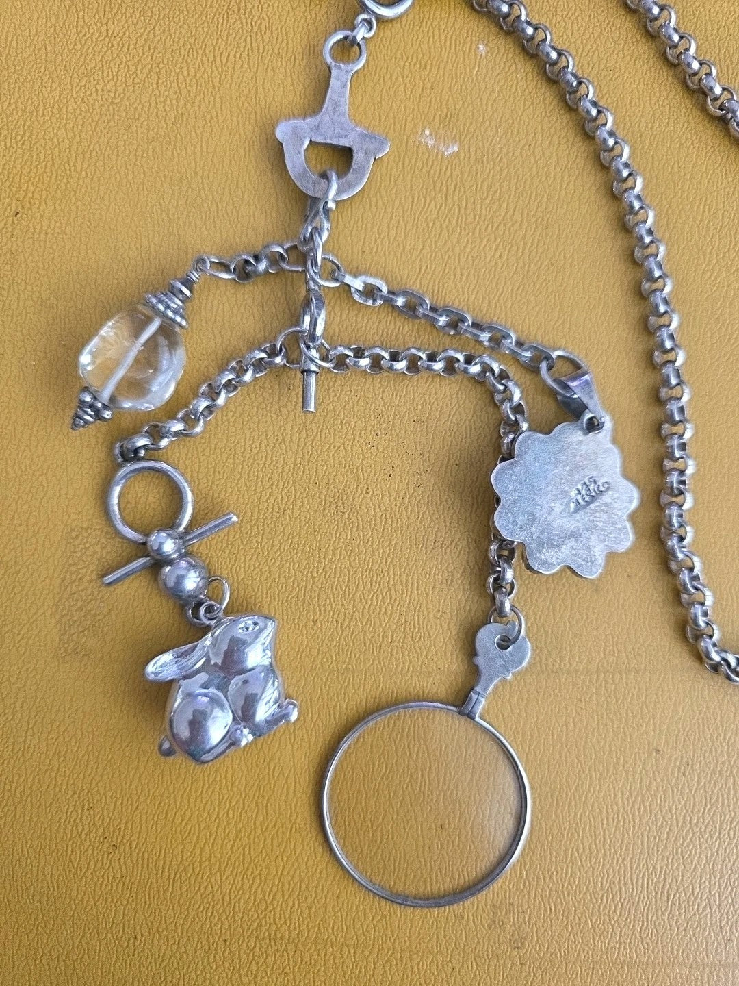 Antique Fine Sterling Silver Albert Graded Links Chain With 4 Charms Necklace