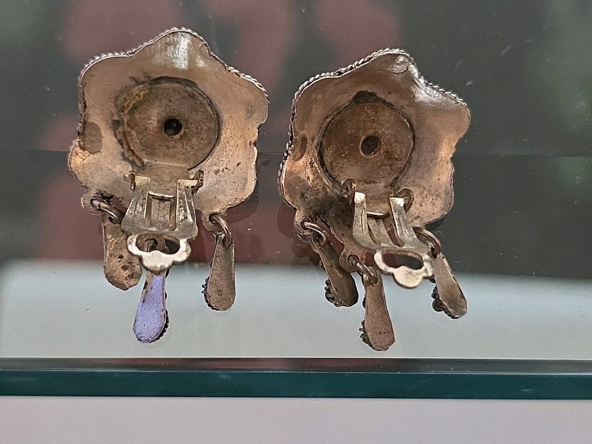 Antique Silver Highly Decorated  Granulation Enamel Bell Earrings  w Clapper