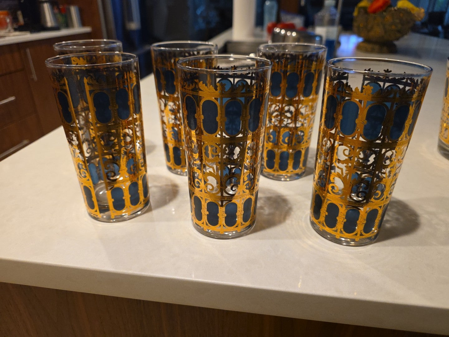 Six 1950 MCM Emerald Green 22k Gold Glasses Signed Culver Highball