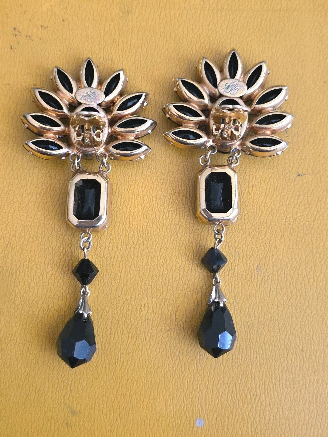 Kirk’s Folly Gold Plated Earrings Clip Black Crystal Runway Long 3.5” Vintage