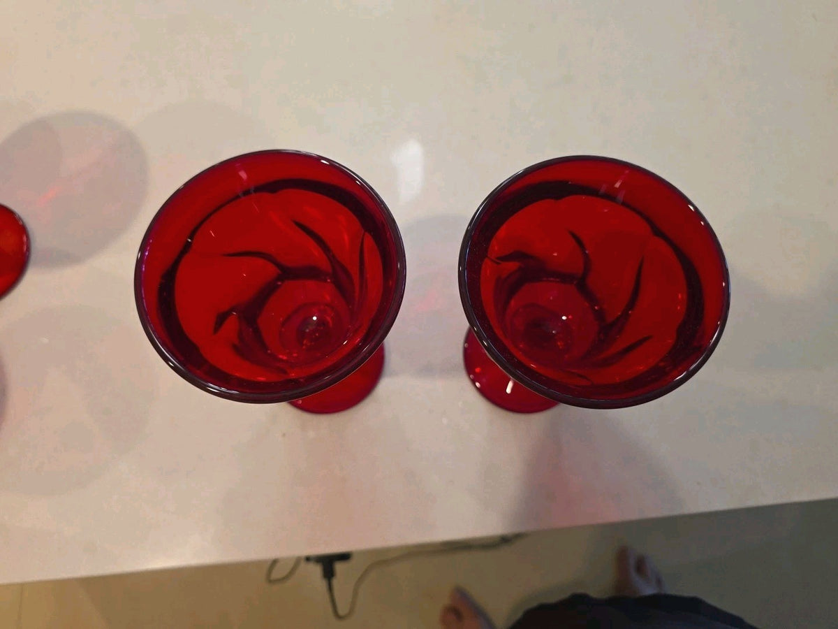 Vtg Fostoria Jamestown Ruby Red 5 7/8" Water Wine Goblet Glasses  Twisted Stem-2