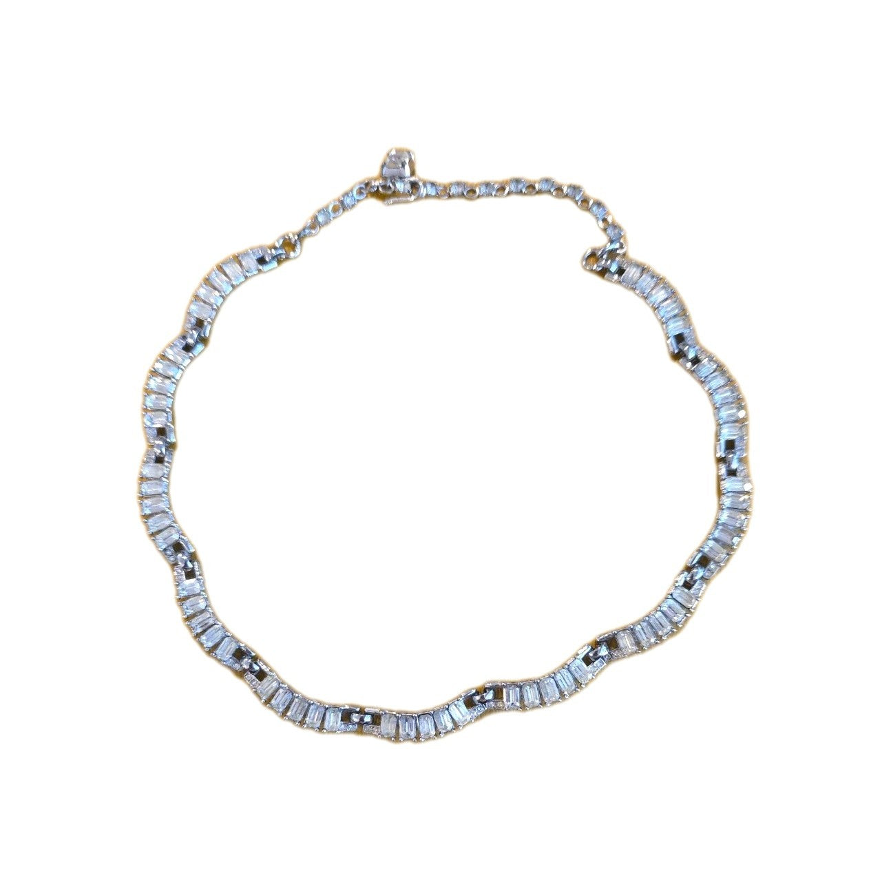 TRIFARI Signed Vintage MCM Baguette Rhinestone Choker Necklace Silver Tone