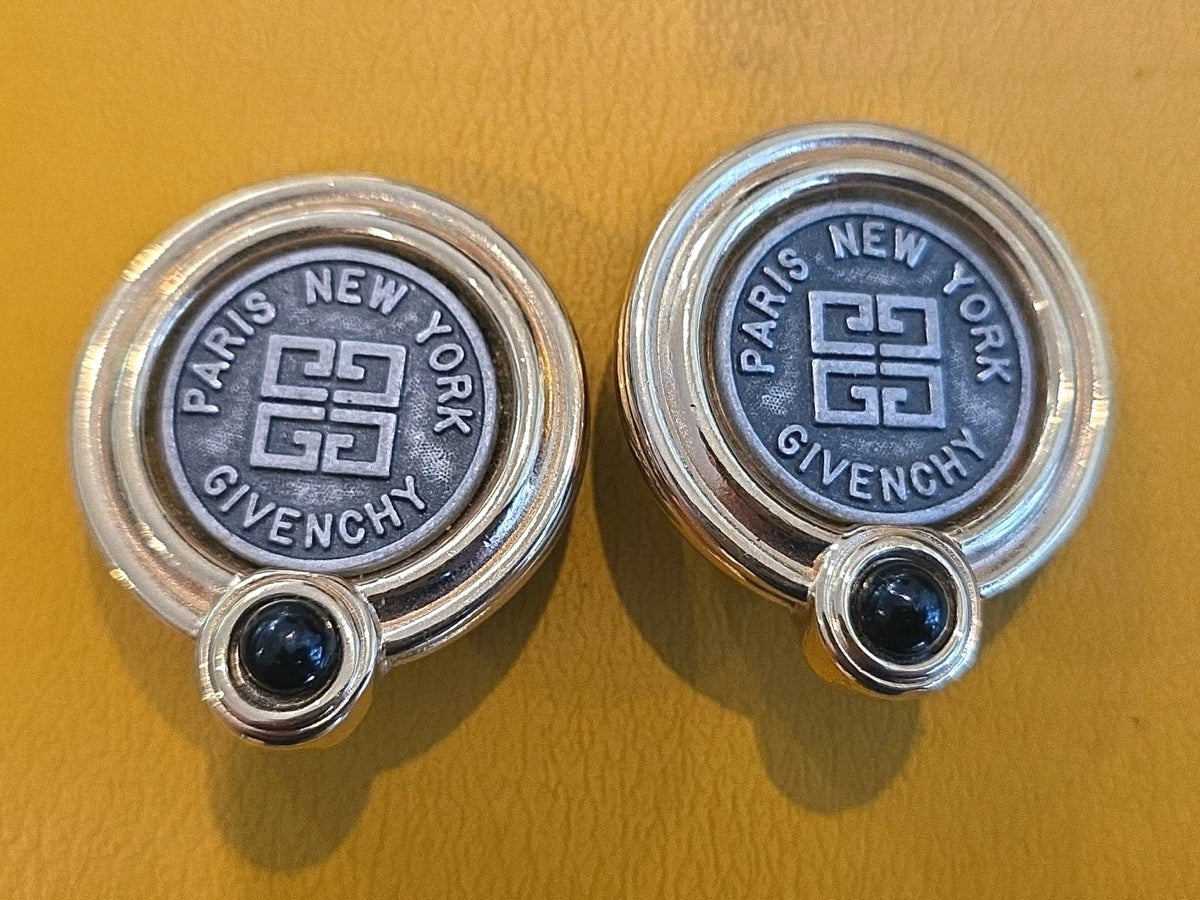 Givenchy Paris New York Logo Coin Blue Cabochon CLIP-ON Earrings Gold tone