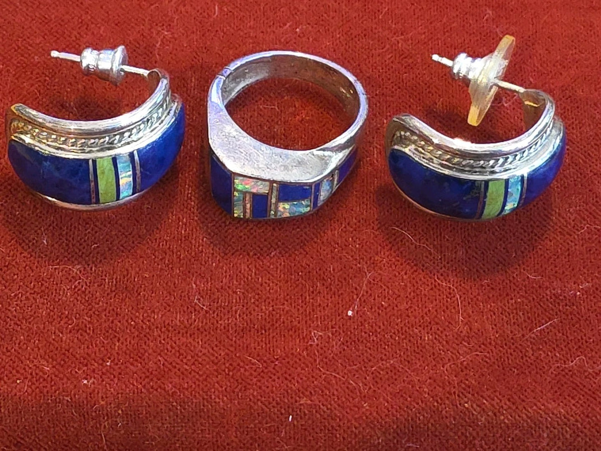 NAVAJO FRANCISCO  Inlay Earrings And Ring Sterling Silver Opal Lapis SZ.6.5
