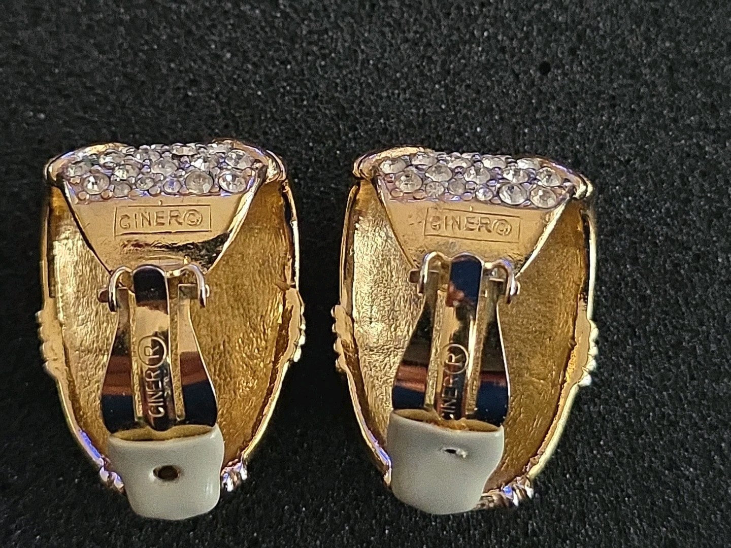 CINER 1980s Diamante Earrings Huge Gold-plated White Crystal Signed Clip-ons